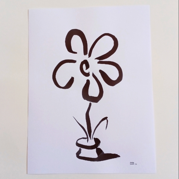 Handmade Other - ORIGINAL ART Bold Flower Pot by Maria Rivera. 9x12" Black Ink Wall Art Painting